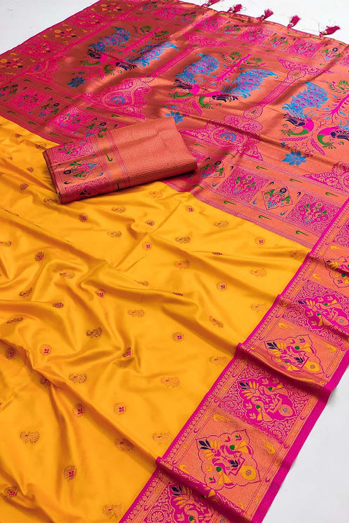 Load image into Gallery viewer, Divine Yellow Paithani Silk Saree With Flameboyant Blouse Piece
