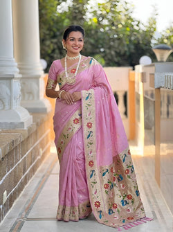 Admirable Pink Paithani Silk Saree With Chatoyant Blouse Piece