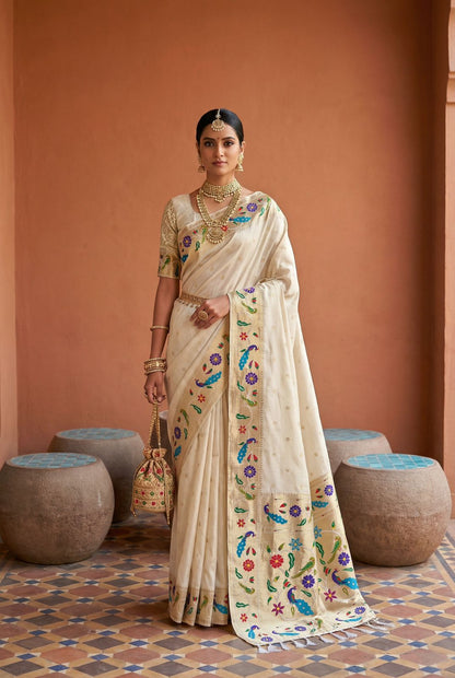 Refreshing Beige Paithani Silk Saree With Exuberant Blouse Piece
