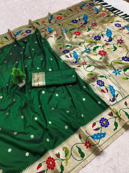 Ratatouille Dark Green Paithani Silk Saree With Gorgeous Blouse Piece