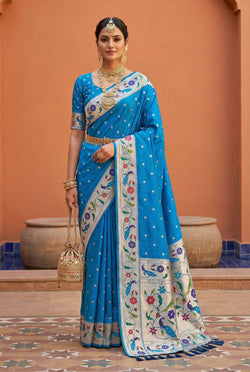 Demesne Firozi Paithani Silk Saree With Skinny Blouse Piece