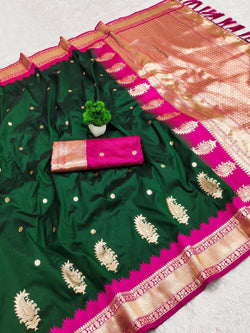 Vivacious Dark Green Pure Zari Weaving Banarasi Silk Saree With Posh Blouse Piece