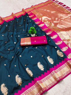 Mesmeric Navy Blue Pure Zari Weaving Banarasi Silk Saree With Rhapsody Blouse Piece