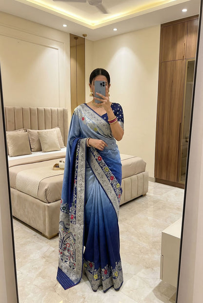 Marvellous Blue Viscose Dola Silk Saree With Smart Blouse Piece