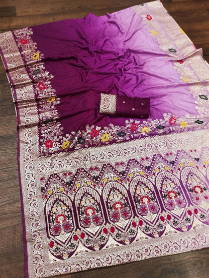 Lagniappe Purple Viscose Dola Silk Saree With Improbable Blouse Piece