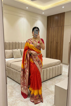 Beleaguer Red Banarasi Dola Silk Saree With Effulgent Blouse Piece