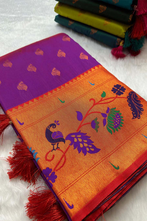 Load image into Gallery viewer, Blooming Purple Paithani Silk Saree With Ravishing Blouse Piece
