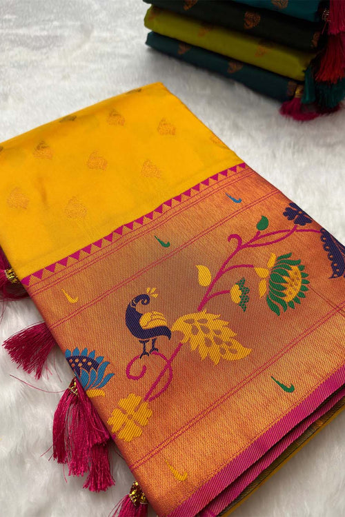 Load image into Gallery viewer, Redolent Yellow Paithani Silk Saree With Devastating Blouse Piece
