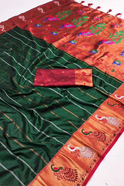 Load image into Gallery viewer, Fugacious Dark Green Paithani Silk Saree With Dalliance Blouse Piece
