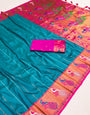 Bewitching Firozi Paithani Silk Saree With Groovy Blouse Piece