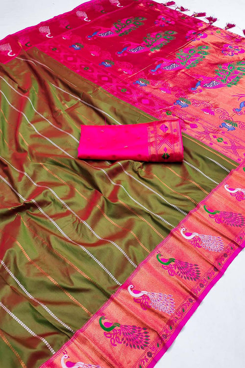 Load image into Gallery viewer, Captivating Mehndi Paithani Silk Saree With Intricate Blouse Piece
