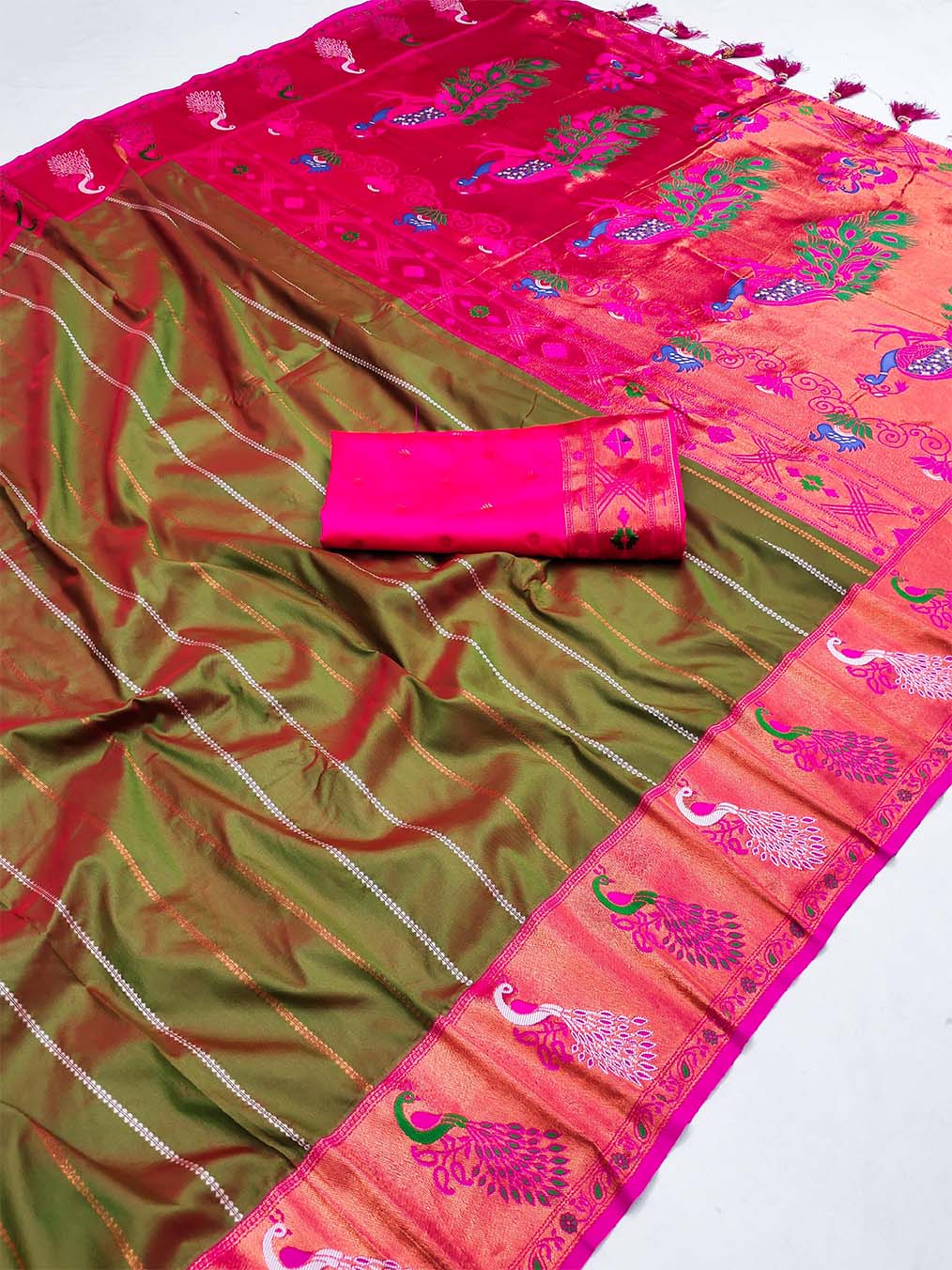 Captivating Mehndi Paithani Silk Saree With Intricate Blouse Piece