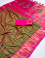 Captivating Mehndi Paithani Silk Saree With Intricate Blouse Piece