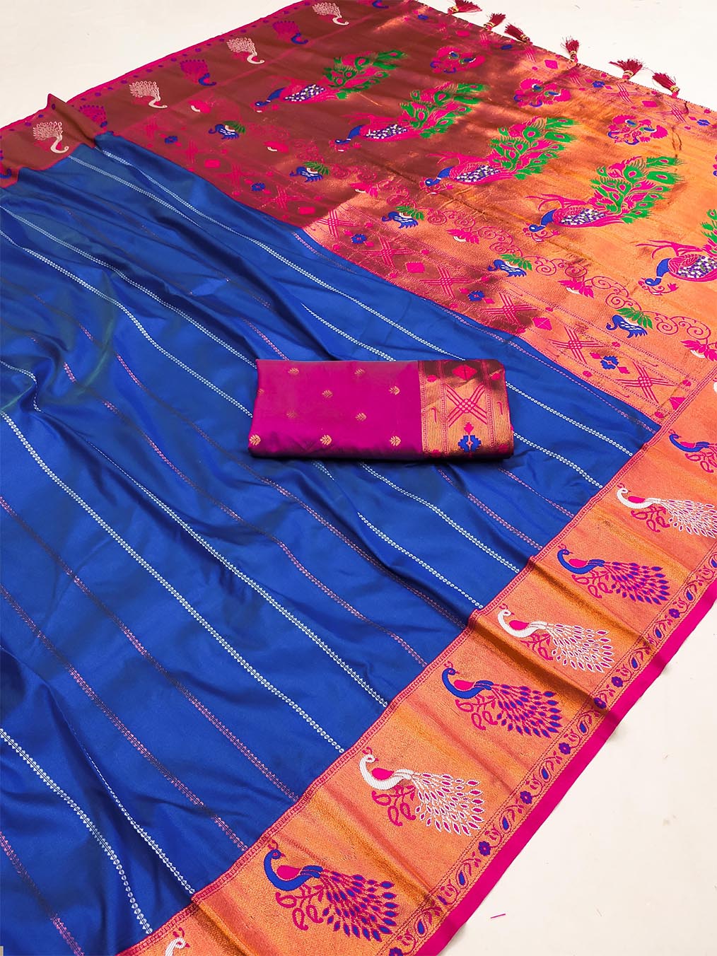 Deserving Royal Blue Paithani Silk Saree With Exceptional Blouse Piece