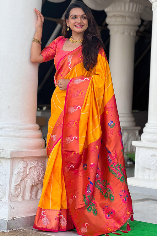 Load image into Gallery viewer, Brood Yellow Paithani Silk Saree With Ebullience Blouse Piece
