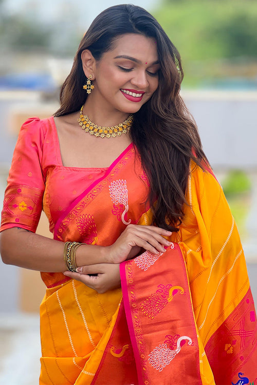 Load image into Gallery viewer, Brood Yellow Paithani Silk Saree With Ebullience Blouse Piece
