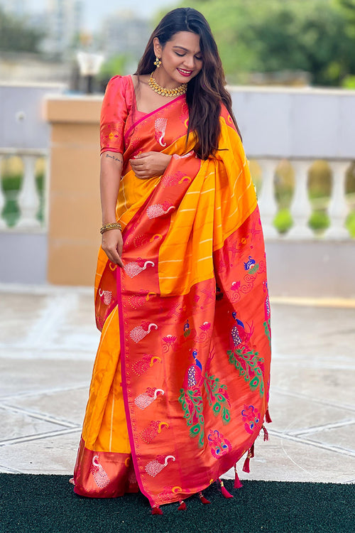 Load image into Gallery viewer, Brood Yellow Paithani Silk Saree With Ebullience Blouse Piece
