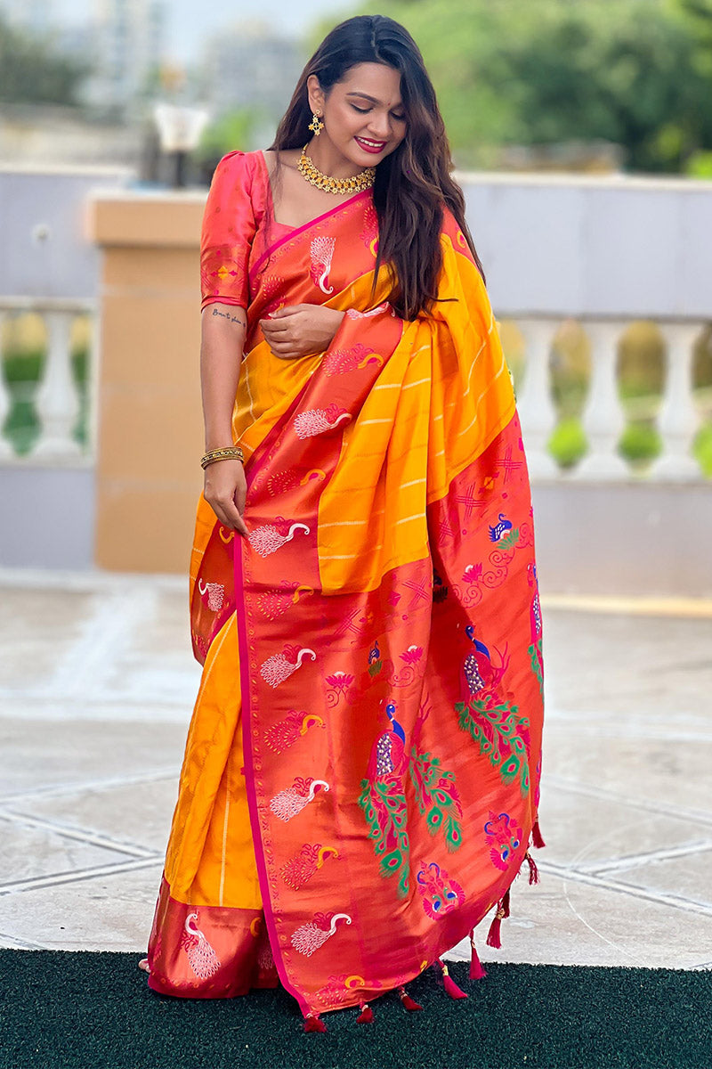 Brood Yellow Paithani Silk Saree With Ebullience Blouse Piece