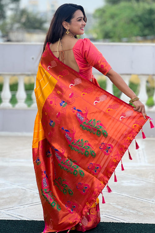 Load image into Gallery viewer, Brood Yellow Paithani Silk Saree With Ebullience Blouse Piece
