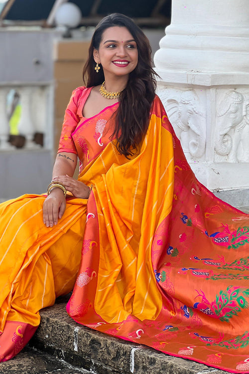 Load image into Gallery viewer, Brood Yellow Paithani Silk Saree With Ebullience Blouse Piece
