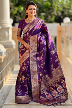 Murmurous Wine Pure Zari Weaving Banarasi Silk Saree With Sophisticated Blouse Piece