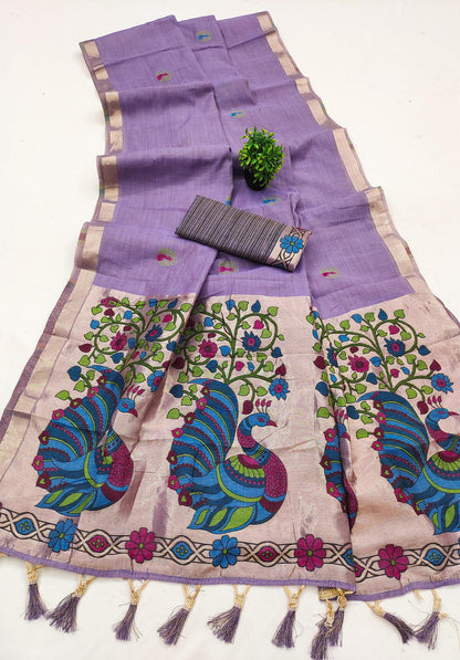 Winsome Lavender Pure Munga Cotton Silk Saree With Enamoring Blouse Piece