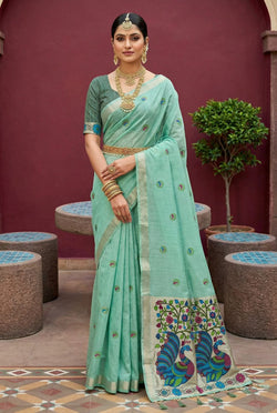 Gratifying Sea Green Pure Munga Cotton Silk Saree With Serendipity Blouse Piece