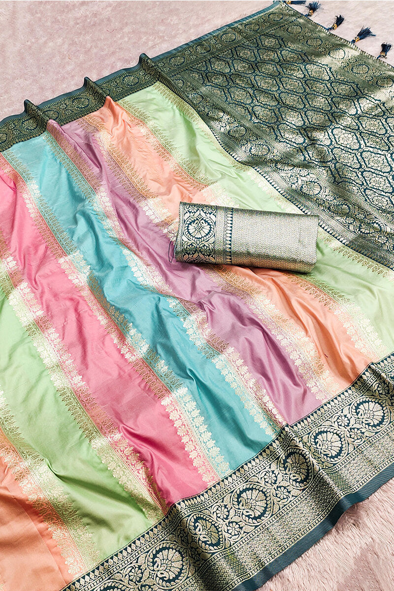 Enamoring Multicolor Soft Banarasi Silk Saree With Ratatouille Blouse Piece