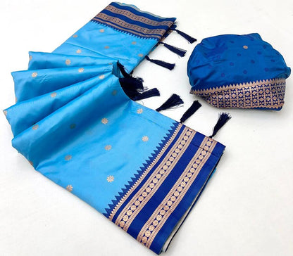 Staring Firozi Soft Banarasi Silk Saree With Blooming Blouse Piece