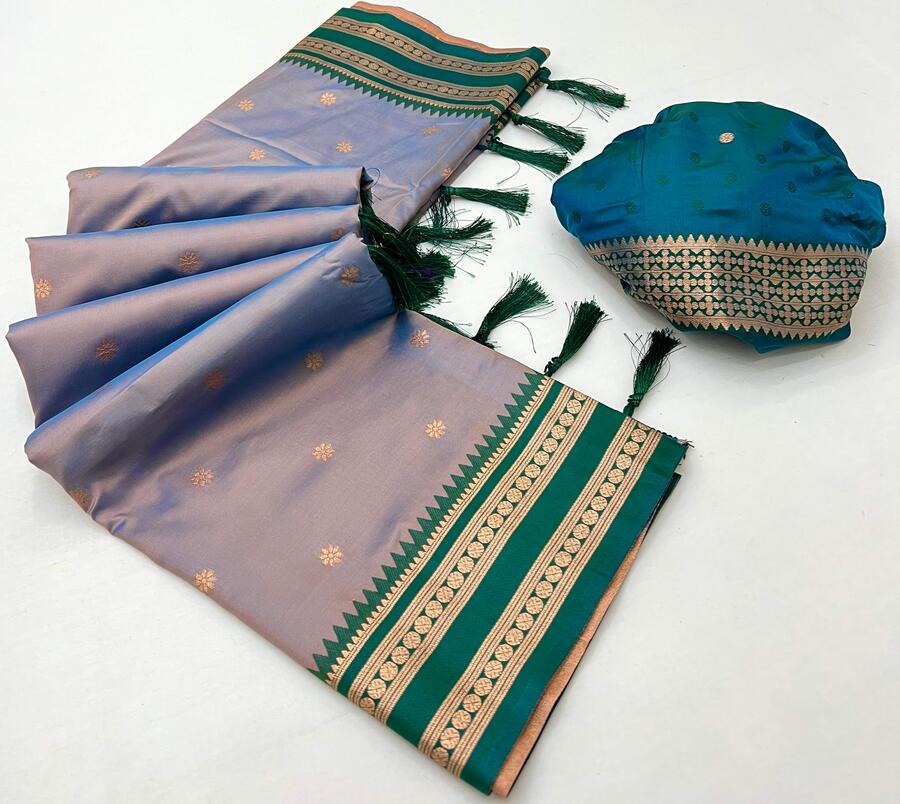 Luxuriant Grey Soft Banarasi Silk Saree With Excellent Blouse Piece