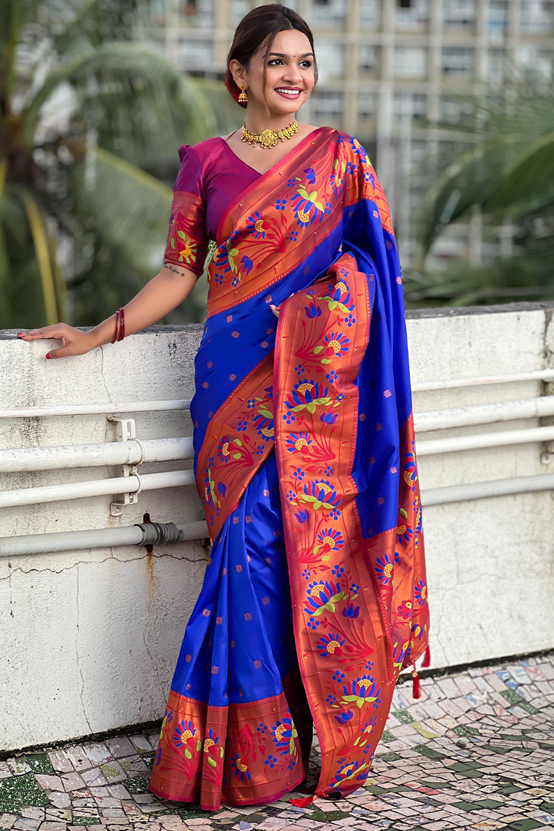 Deserving Royal Blue Paithani Silk Saree With Adorable Blouse Piece