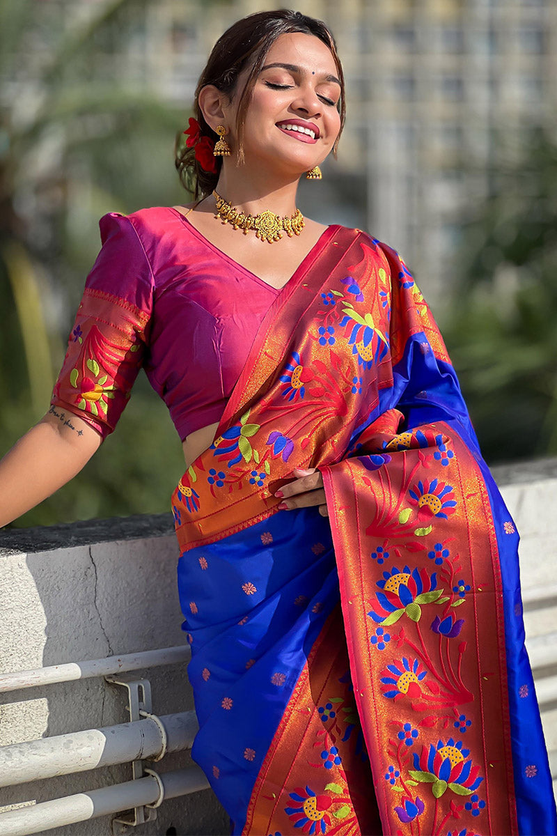 Deserving Royal Blue Paithani Silk Saree With Adorable Blouse Piece