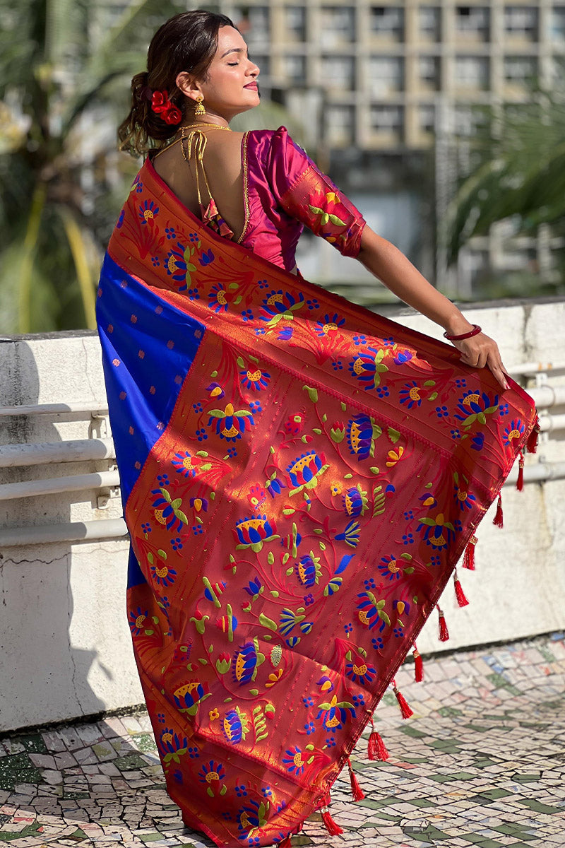 Deserving Royal Blue Paithani Silk Saree With Adorable Blouse Piece