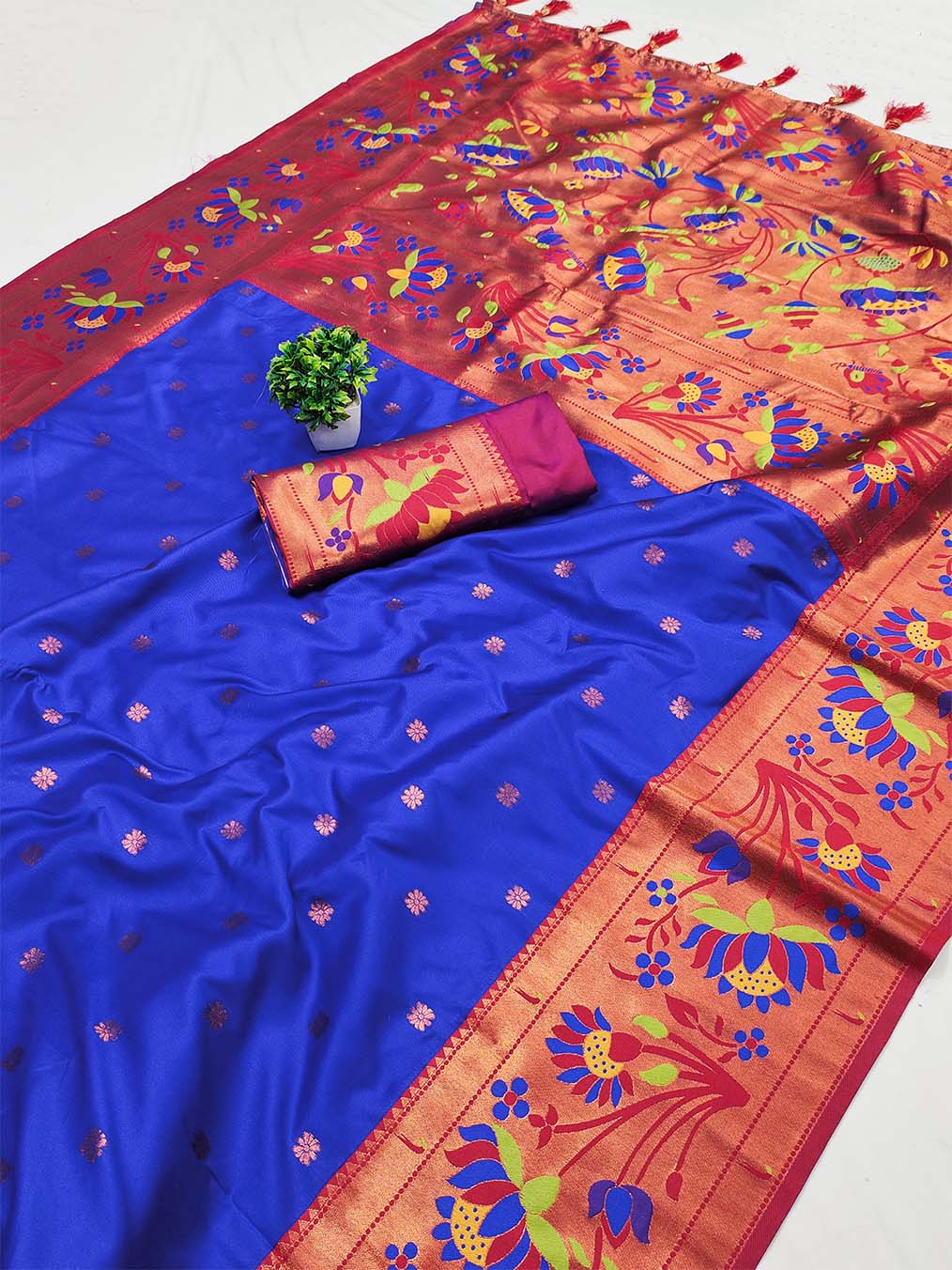 Deserving Royal Blue Paithani Silk Saree With Adorable Blouse Piece