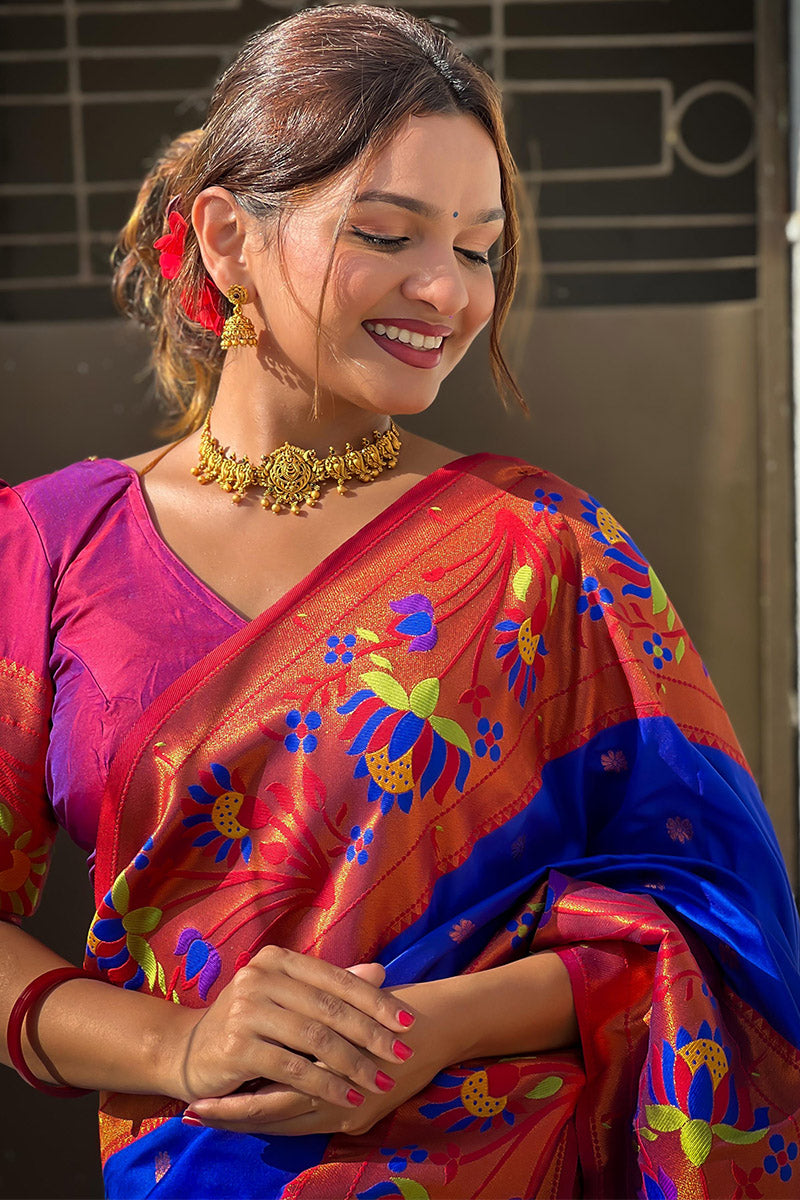 Deserving Royal Blue Paithani Silk Saree With Adorable Blouse Piece