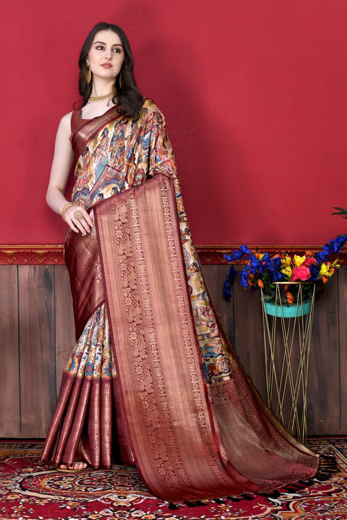 Load image into Gallery viewer, Glowing Beige Kalamkari Printed Saree With Refreshing Blouse Piece
