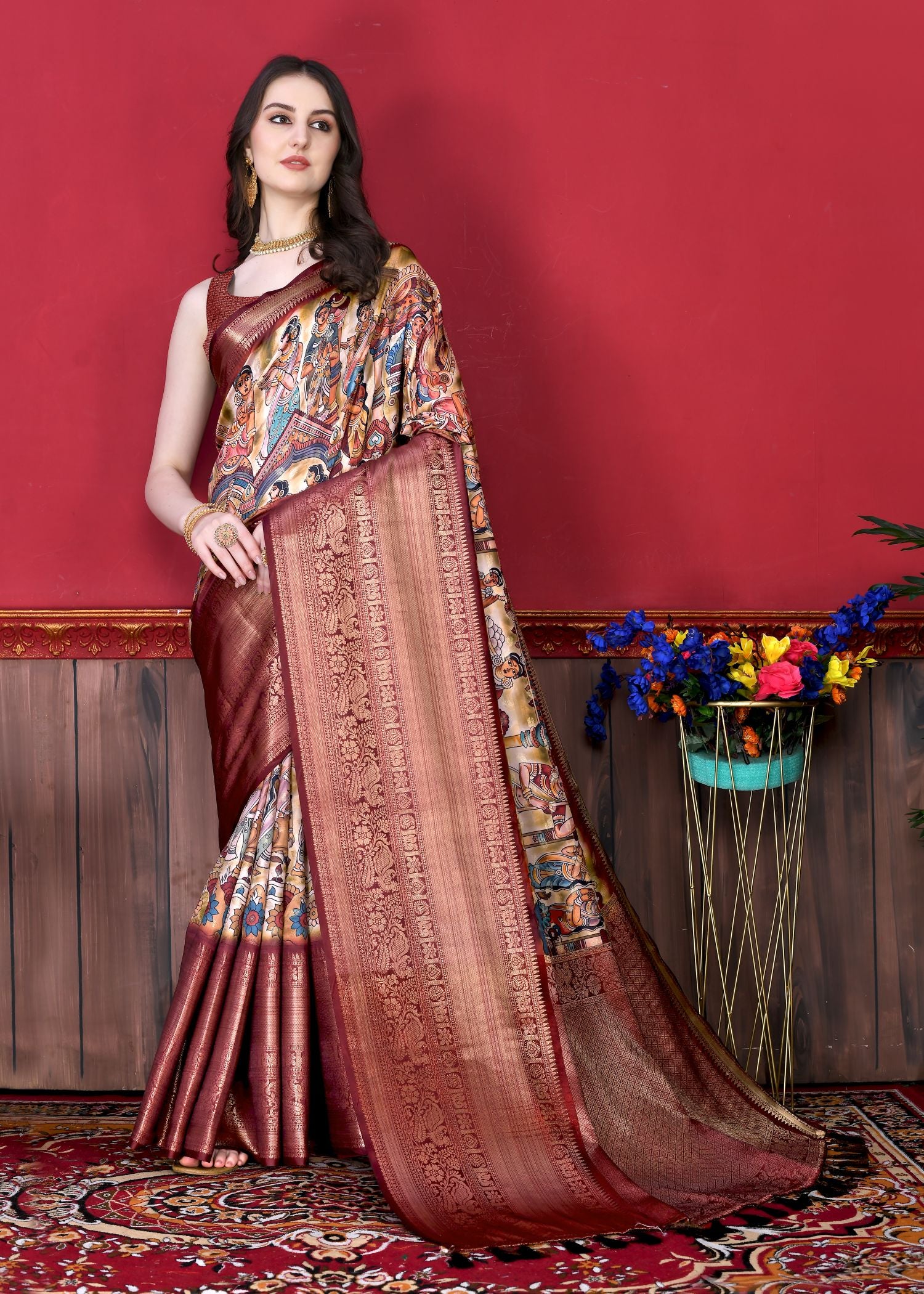 Glowing Beige Kalamkari Printed Saree With Refreshing Blouse Piece