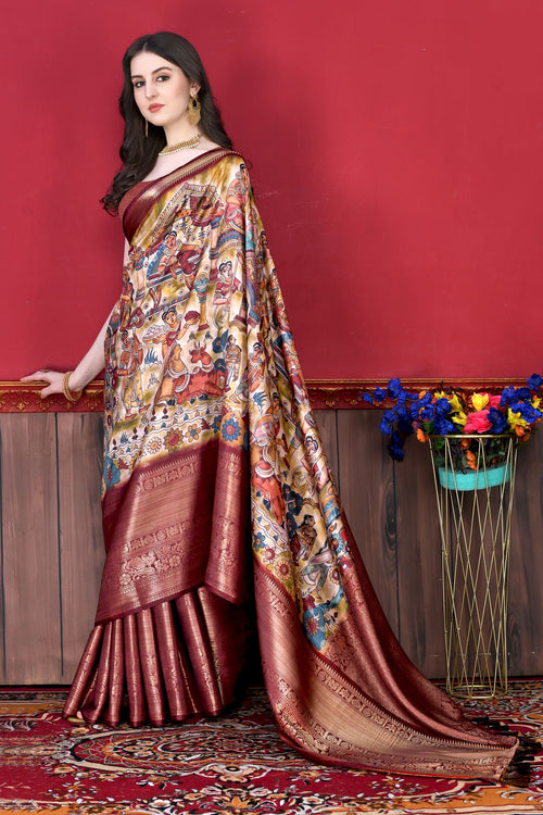 Load image into Gallery viewer, Glowing Beige Kalamkari Printed Saree With Refreshing Blouse Piece
