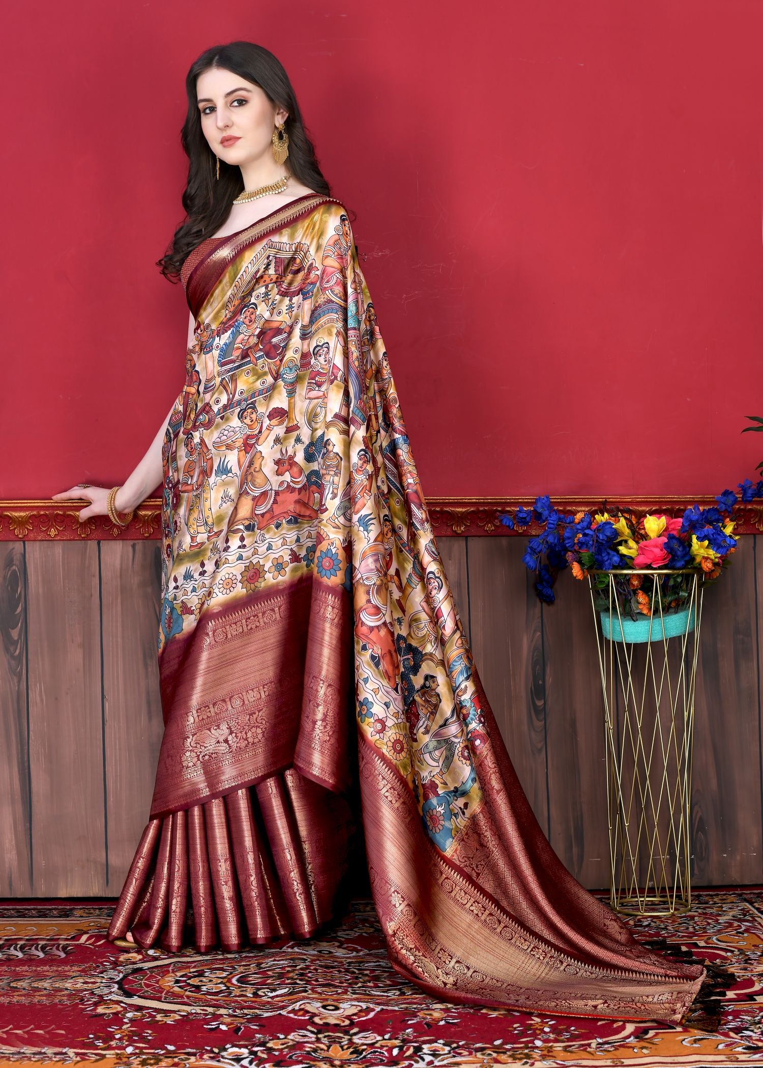 Glowing Beige Kalamkari Printed Saree With Refreshing Blouse Piece