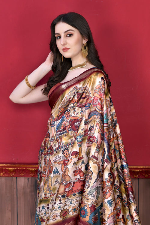 Load image into Gallery viewer, Glowing Beige Kalamkari Printed Saree With Refreshing Blouse Piece
