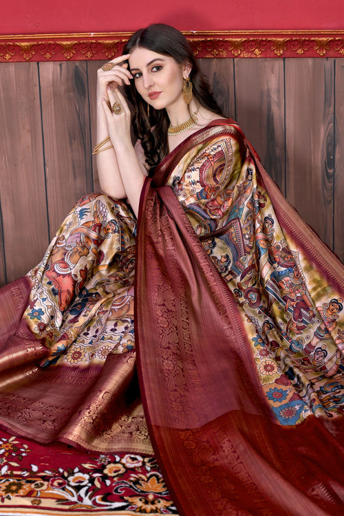 Load image into Gallery viewer, Glowing Beige Kalamkari Printed Saree With Refreshing Blouse Piece
