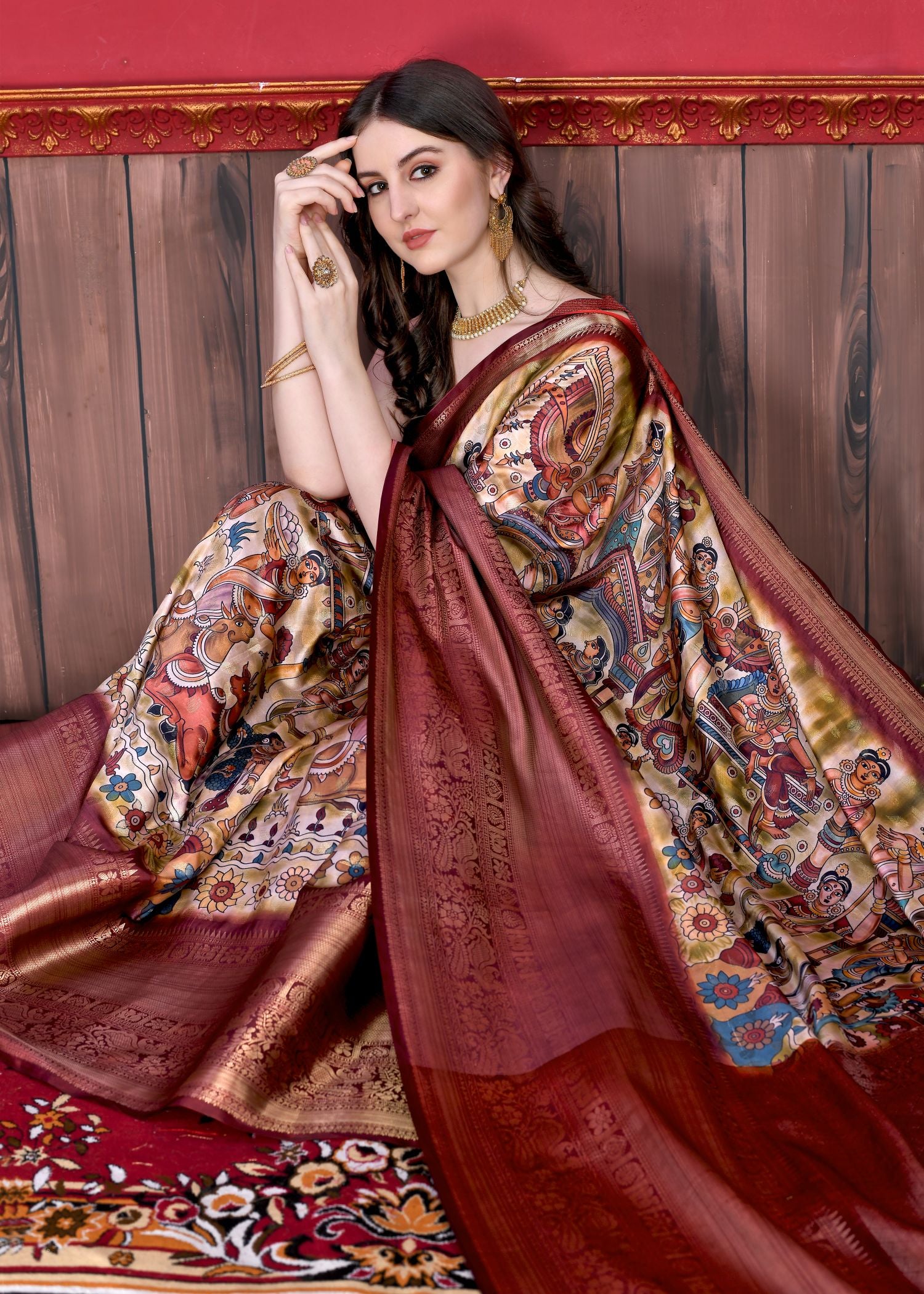 Glowing Beige Kalamkari Printed Saree With Refreshing Blouse Piece