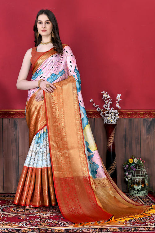 Load image into Gallery viewer, Charming Pink Kalamkari Printed Saree With Arresting Blouse Piece
