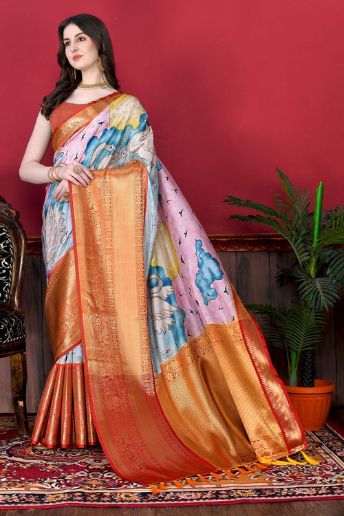 Load image into Gallery viewer, Charming Pink Kalamkari Printed Saree With Arresting Blouse Piece
