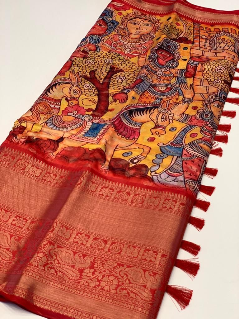 Mesmeric Yellow Kalamkari Printed Saree With Prettiest Blouse Piece