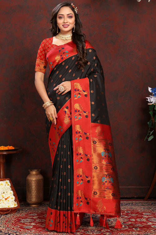 Load image into Gallery viewer, Ravishing Black Paithani Silk Saree With Intricate Blouse Piece
