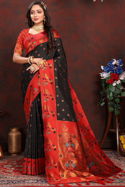 Load image into Gallery viewer, Ravishing Black Paithani Silk Saree With Intricate Blouse Piece
