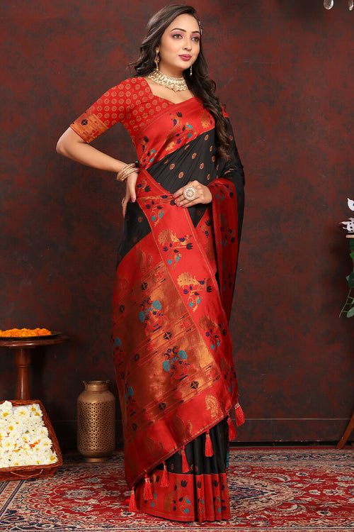 Load image into Gallery viewer, Ravishing Black Paithani Silk Saree With Intricate Blouse Piece
