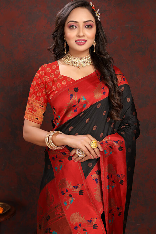 Load image into Gallery viewer, Ravishing Black Paithani Silk Saree With Intricate Blouse Piece
