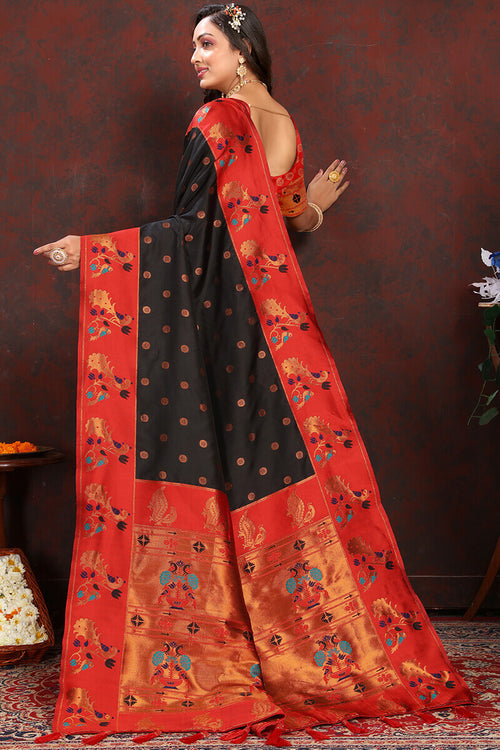 Load image into Gallery viewer, Ravishing Black Paithani Silk Saree With Intricate Blouse Piece
